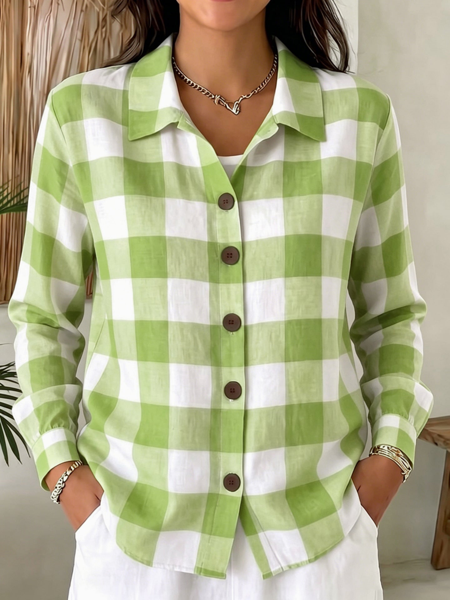 Bequeme Damen Langarm-Plaid-Shirt mit Knöpfen
