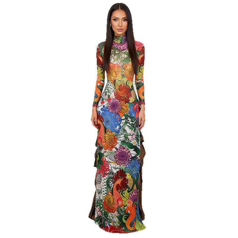 Bedrucktes Langarm-Kleid mit Stehkragen & hohem Schlitz – Bild 5 | LuxeStyle