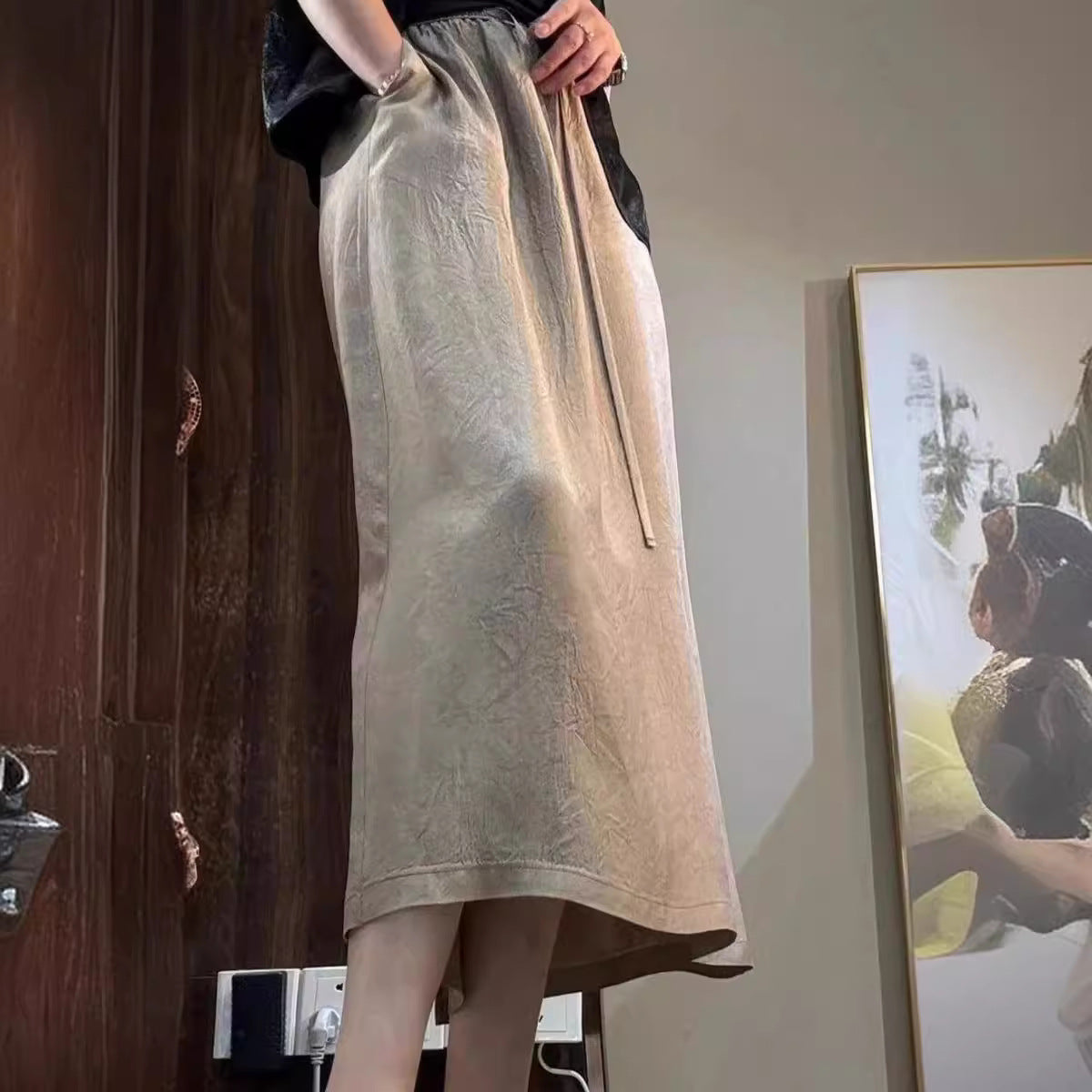 Satin A-Linien Jupe mit Taschen