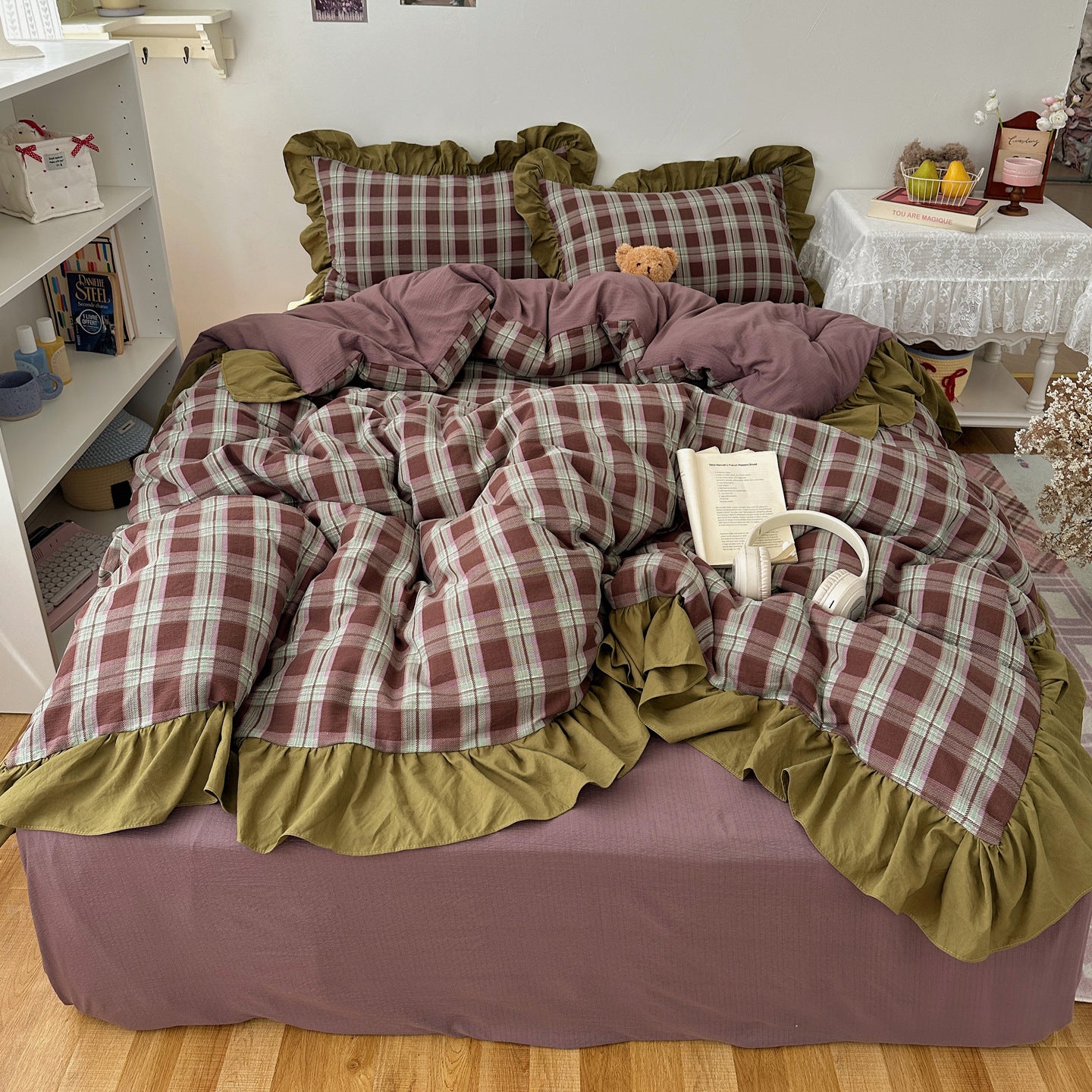 Vintage Preppy Bettwäsche-Set mit Spitze