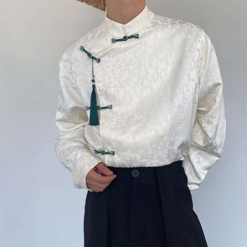 Satin Jacquard Langarmhemd mit Stehkragen