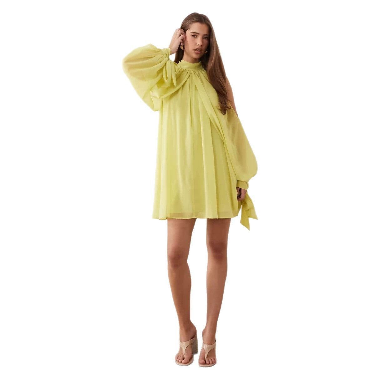 Gelb, Puffärmel Kleid mit Schnürdetail