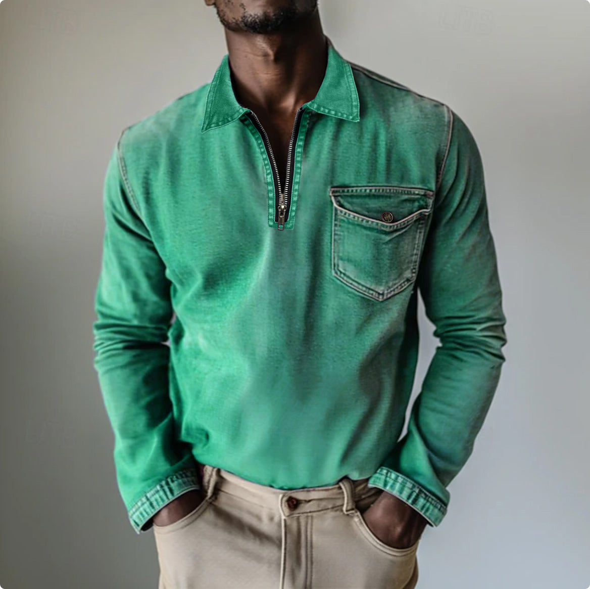Herren Denim Langarmshirt mit halbem Reissverschluss