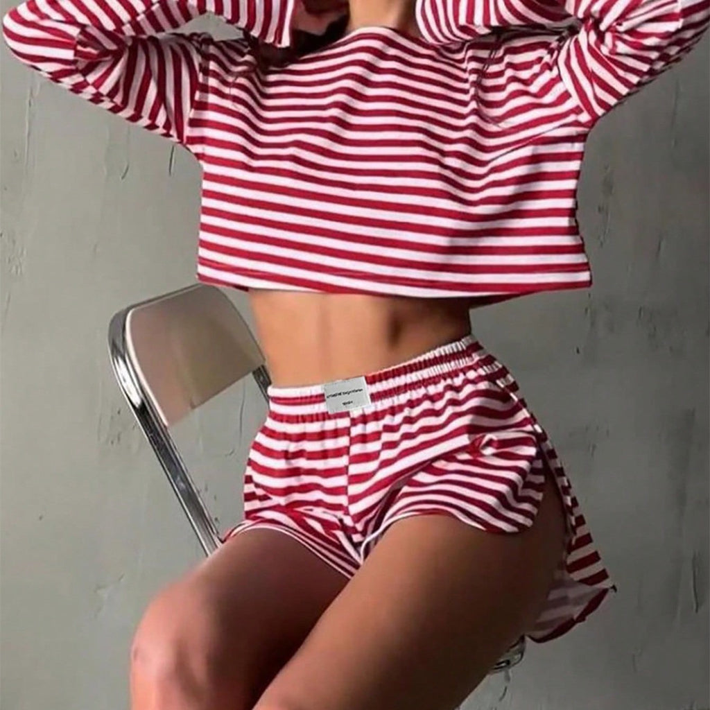 Gestreiftes Strick-Pyjama-Set mit Shorts