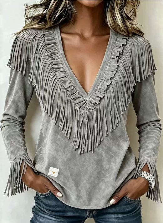 Damenbluse aus Wildlederimitat mit V-Ausschnitt – Bild 7 | LuxeStyle