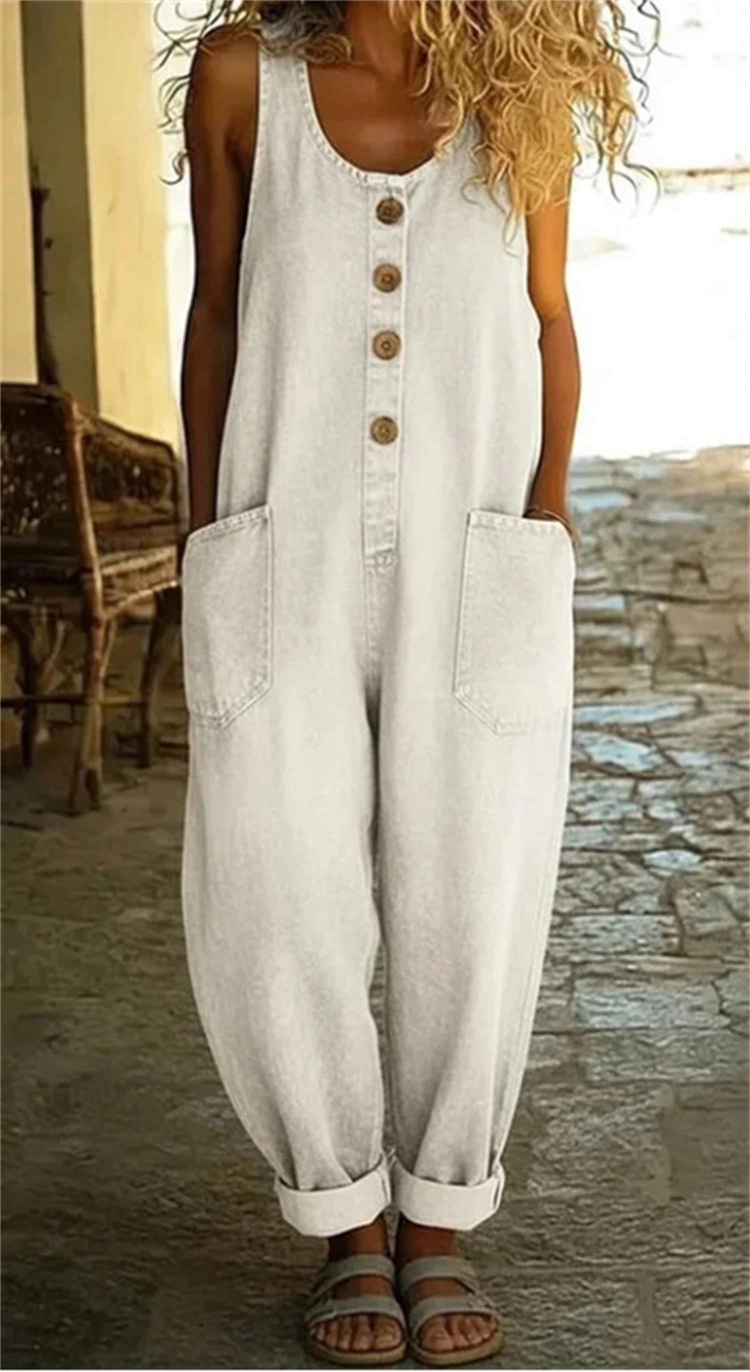 Ärmelloser Denim-Jumpsuit mit Taschen