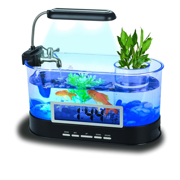 Mini-Aquarium mit Uhrenfunktion, Temperaturalarm und Stifthalter