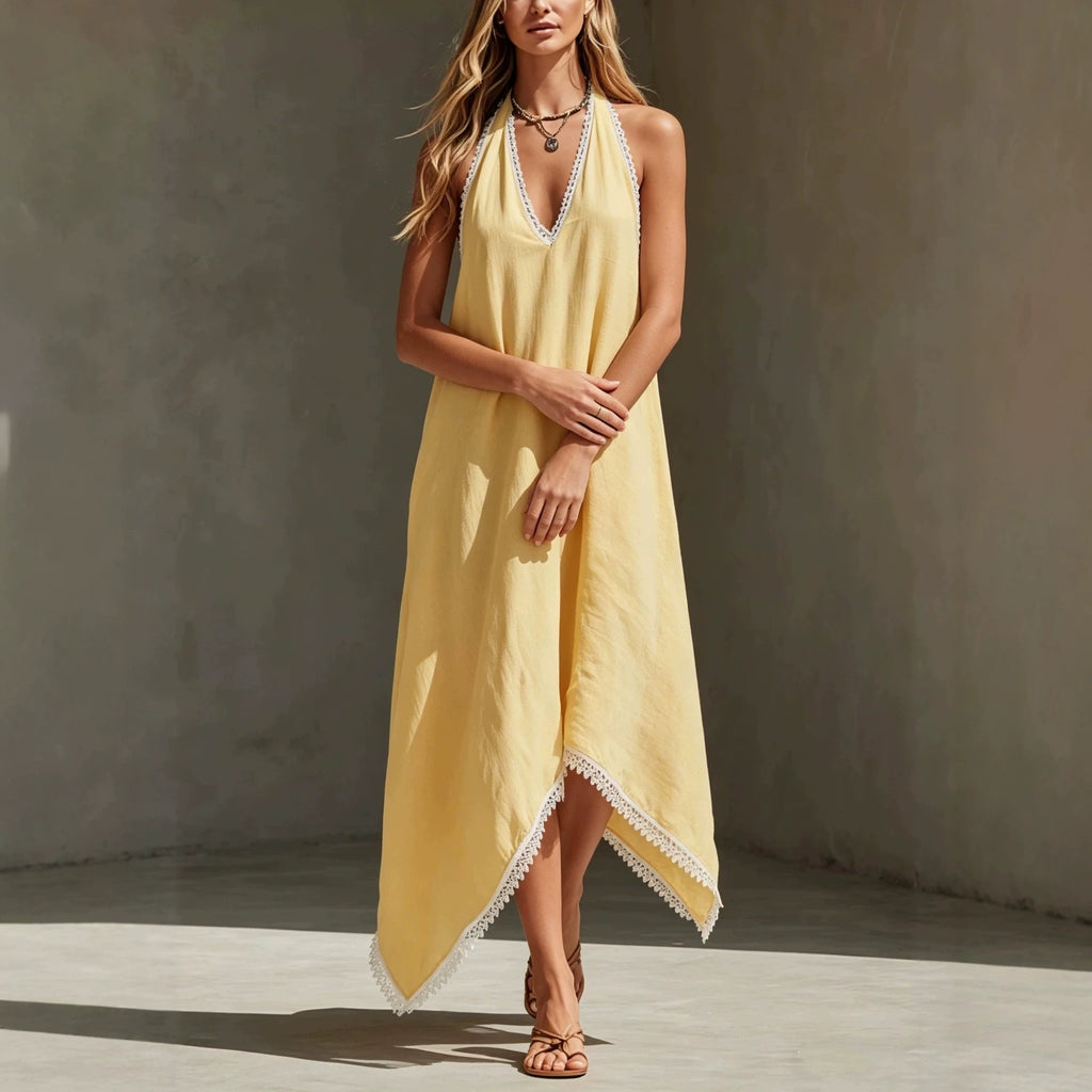 V-Ausschnitt Kleid mit Spitze – Gelb – Bild 2 | LuxeStyle