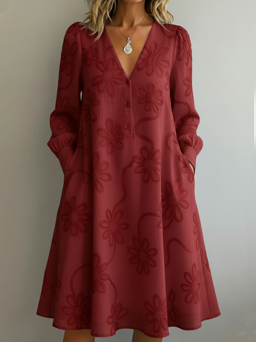 Elegantes Vintage Blumenstickerei V-Neck Kleid