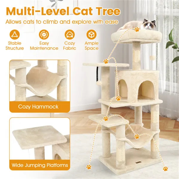 44" Katzenbaum mit Top-Plattform und Hängematte – Beige