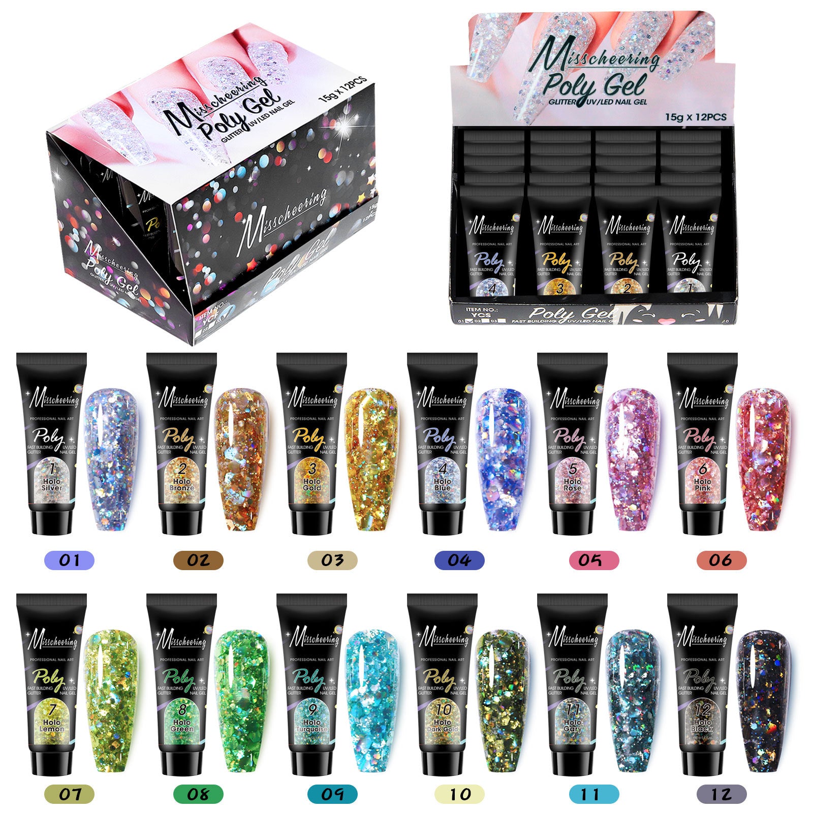 12 Farben Pailletten Nagelverlängerungs-Set