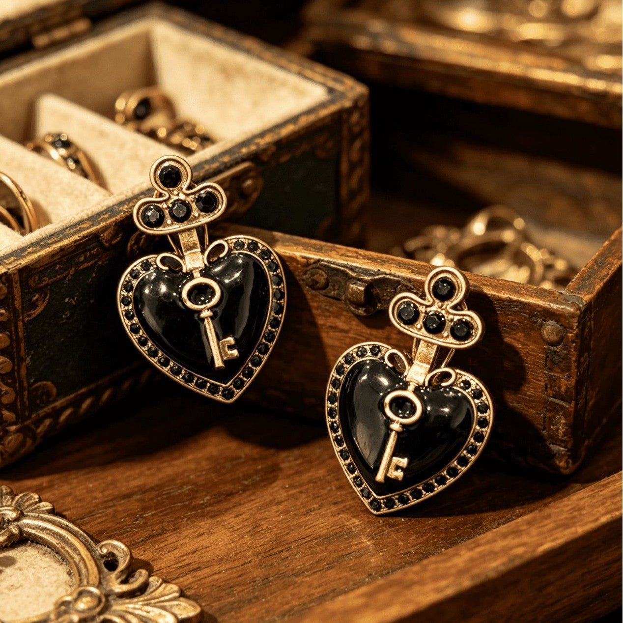 Vintage Hofstil Herz-Ohrringe mit Emaille & Strass
