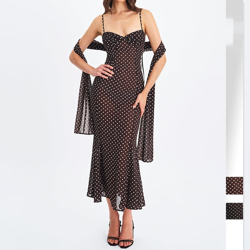 Polka-Dot A-Linienkleid mit Seidenschal-Detail | LuxeStyle