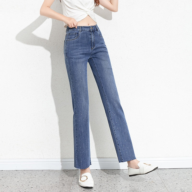 Dünne, diamantbesetzte Straight-Leg-Hosen