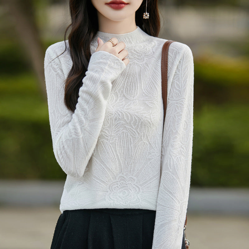Feingestricktes Langarmshirt aus Wolle mit Stehkragen