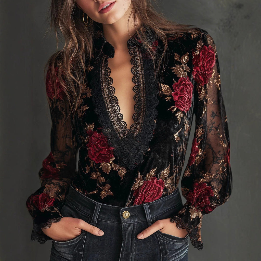 Gold Samt Bluse mit Stickerei