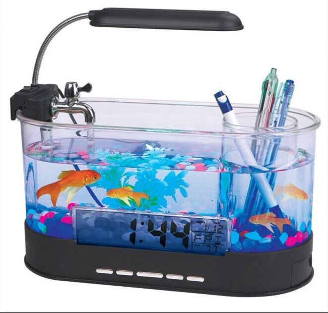 Mini-Aquarium mit Uhrenfunktion, Temperaturalarm und Stifthalter