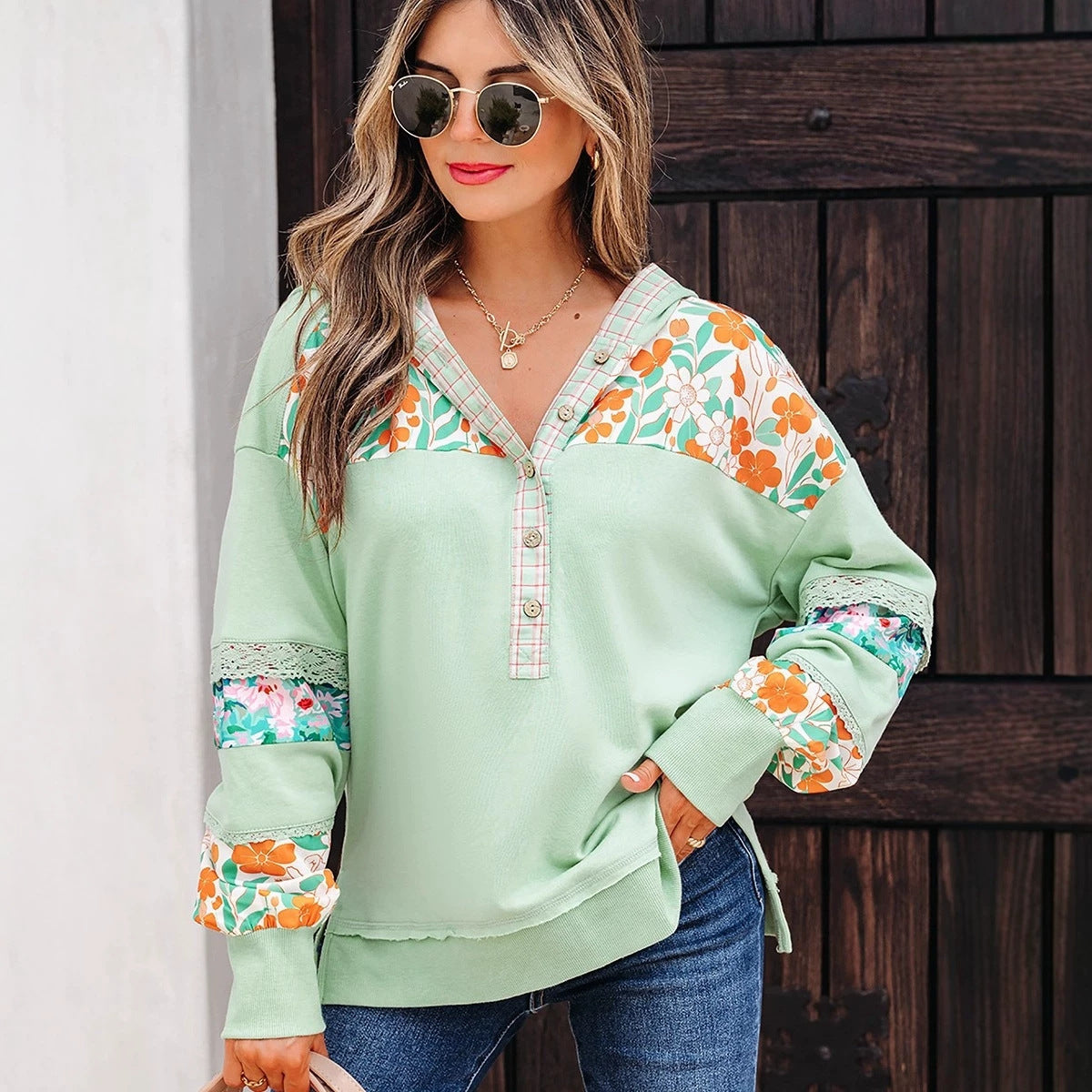Kapuzen-Langarmshirt mit Blumenmuster für Damen