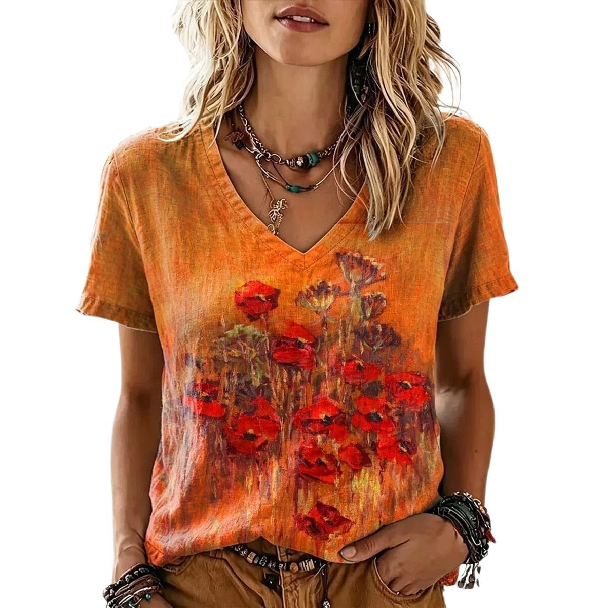 Locker sitzendes V-Neck Kurzarm-Top für Damen