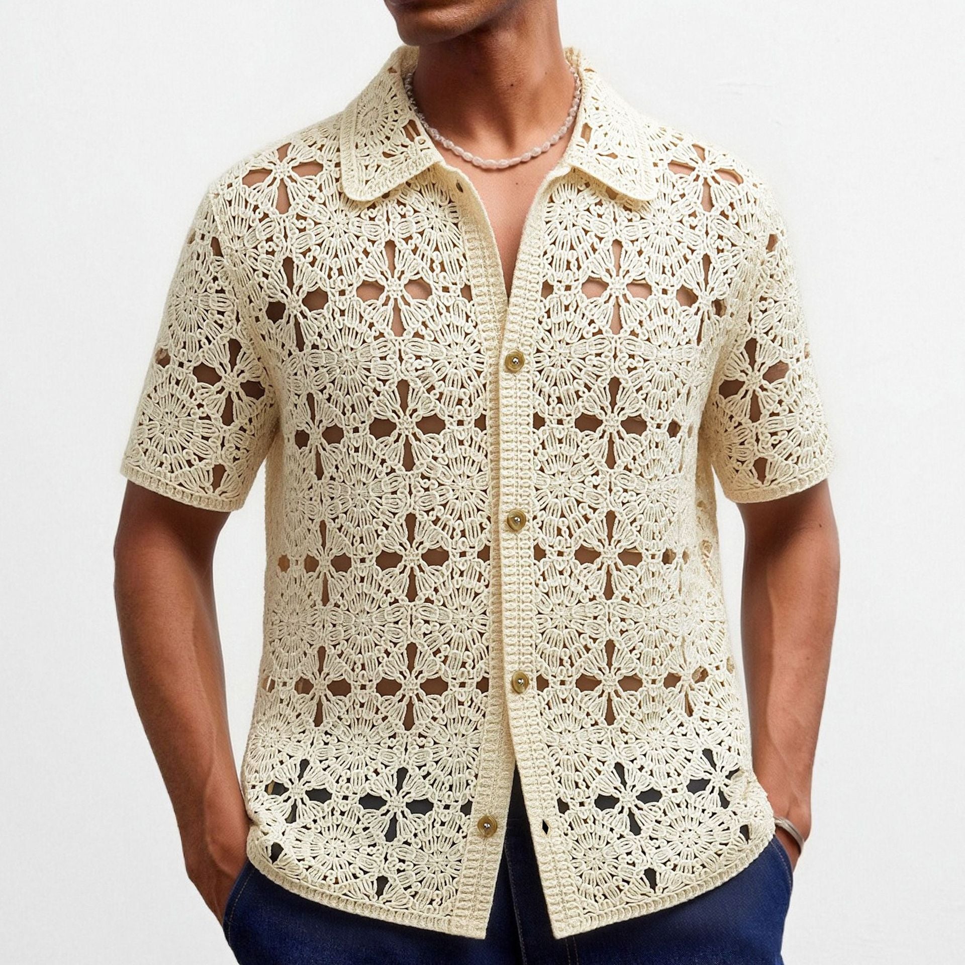 Herren Sommer Kurzarm-Crochet-Shirt