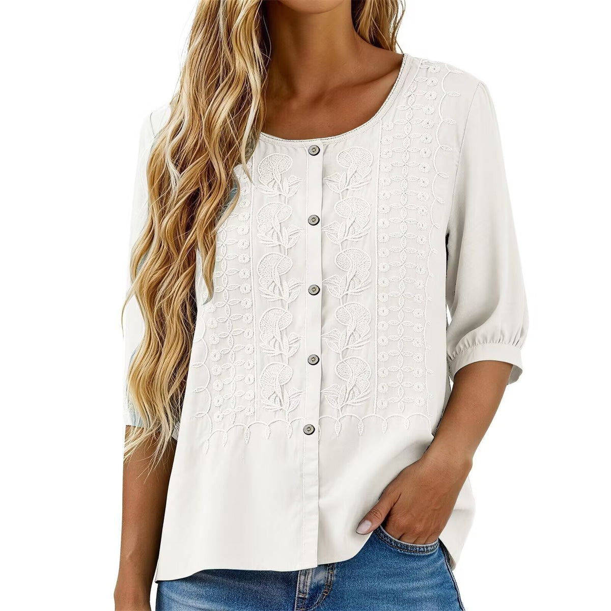 Besticktes V-Neck Shirt aus Baumwoll-Leinen – Bild 1 | LuxeStyle