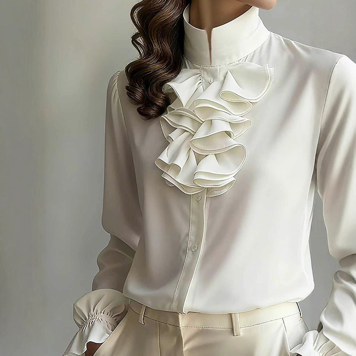Unifarbenes Damen-Shirt mit Rüschenkragen – Bild 2 | LuxeStyle