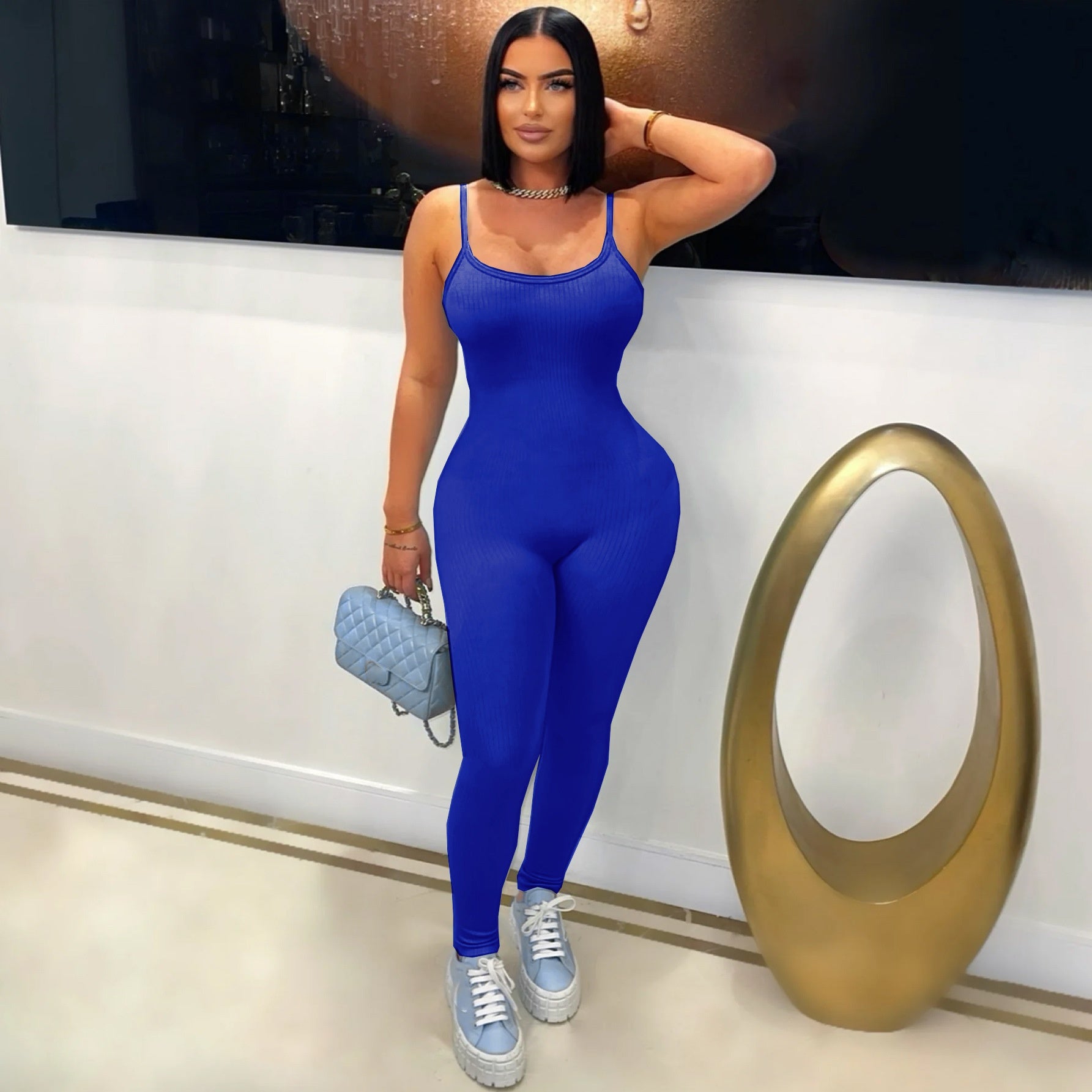 Gerippter Bodycon Jumpsuit mit Spaghettiträgern