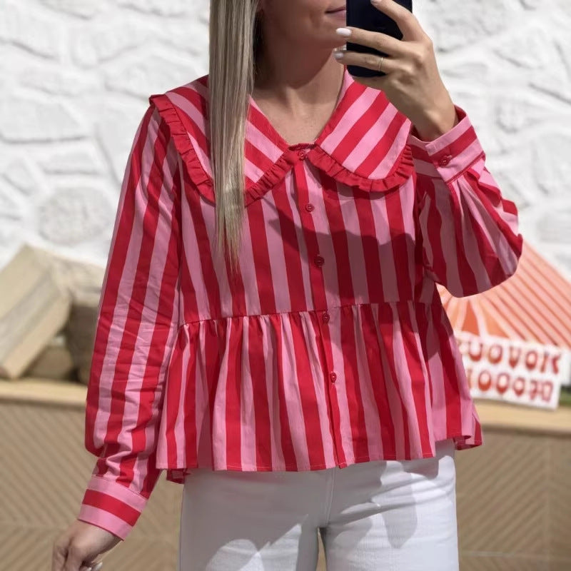 Gestreiftes Langarmshirt mit Puppenkragen | LuxeStyle