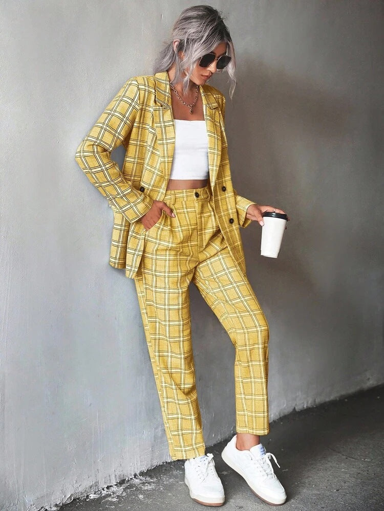Kariertes Doppelreiher-Kurzblazer-Set