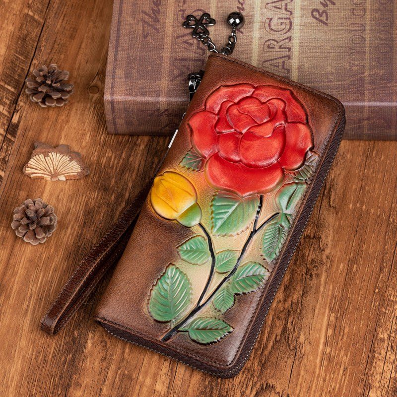 Gepflegte Leder Geldbörse mit Blumenprägung | LuxeStyle