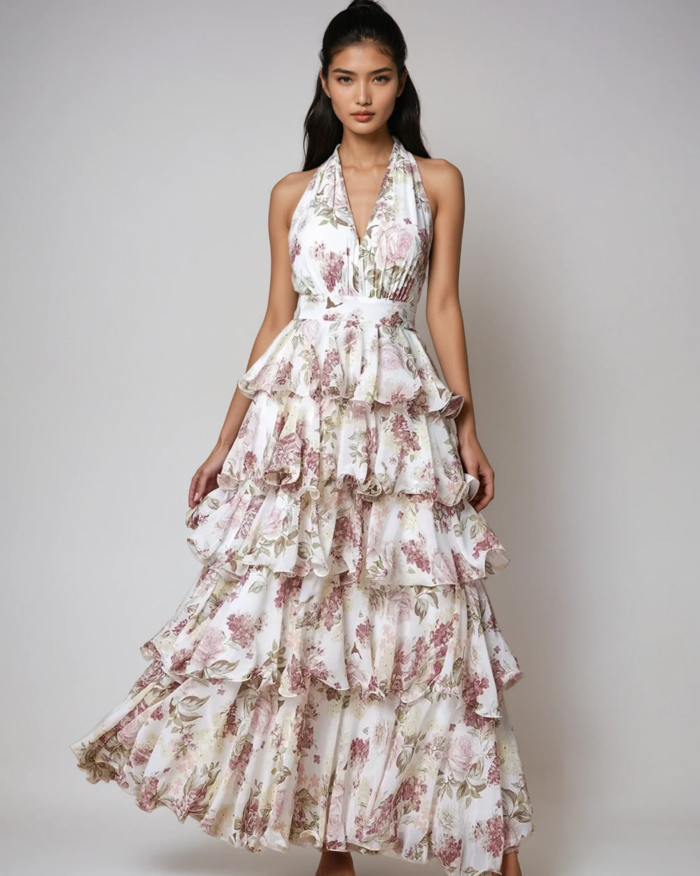 Damen V-Ausschnitt Träger Mehrlagiges Bedrucktes Kleid – Bild 4 | LuxeStyle