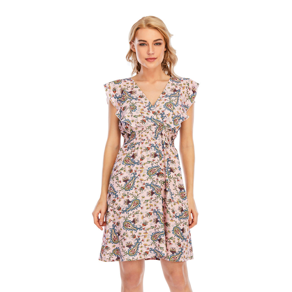 V-Ausschnitt Chiffon Ärmelloses Rüschenkleid