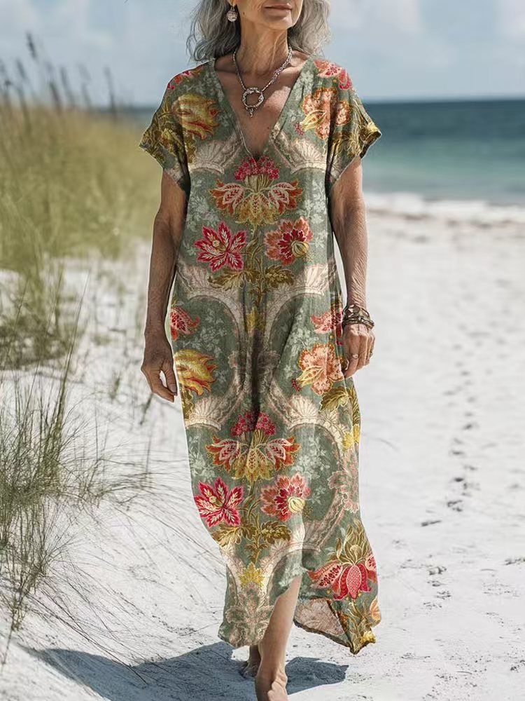 Retro-Print V-Ausschnitt Freizeitkleid – Bild 5 | LuxeStyle