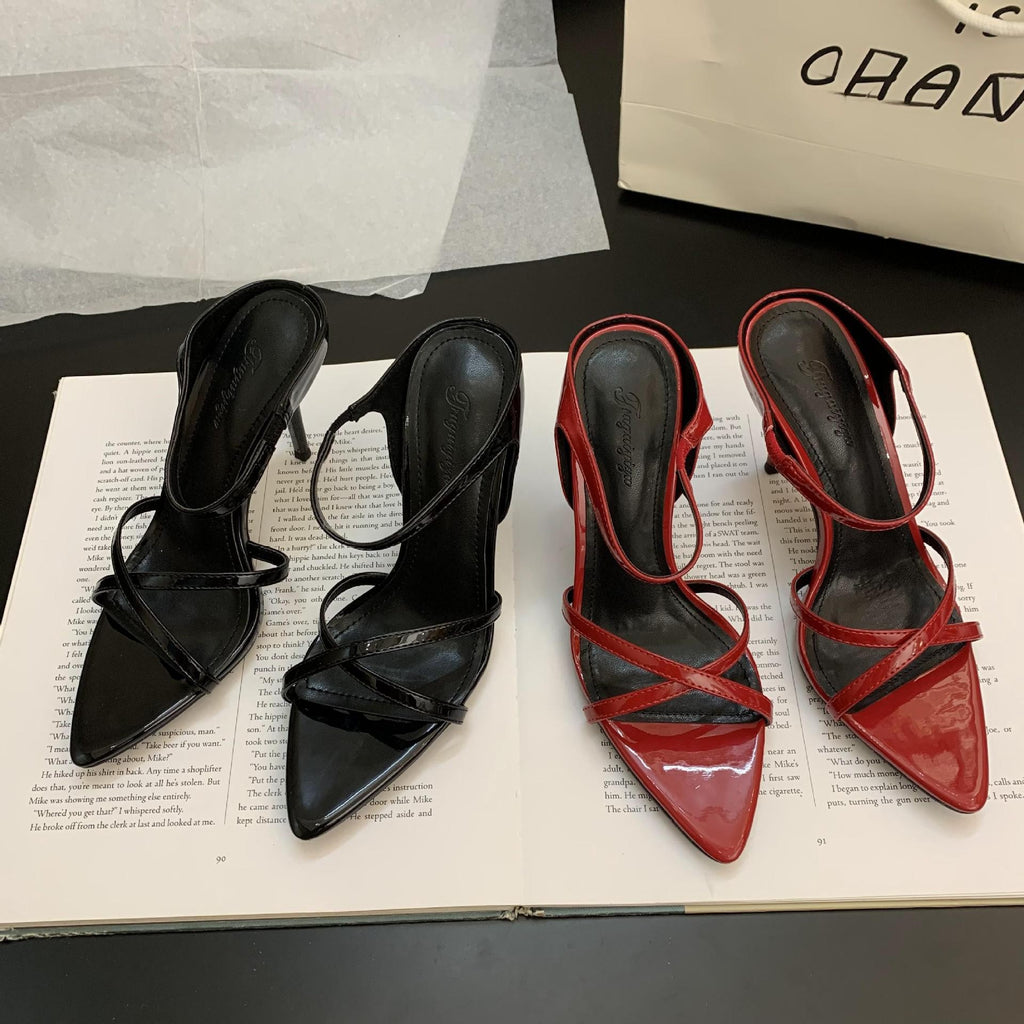 Weinrote Stiletto-Sandalen mit Fischmaul-Zehenpartie – Bild 16 | LuxeStyle