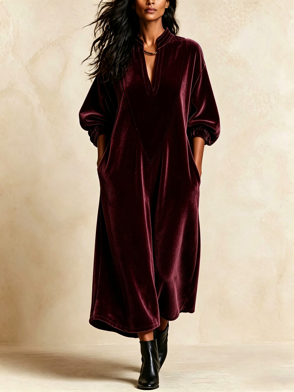 V-Ausschnitt Midi-Kleid mit Puffärmel, schwarz – Bild 4 | LuxeStyle