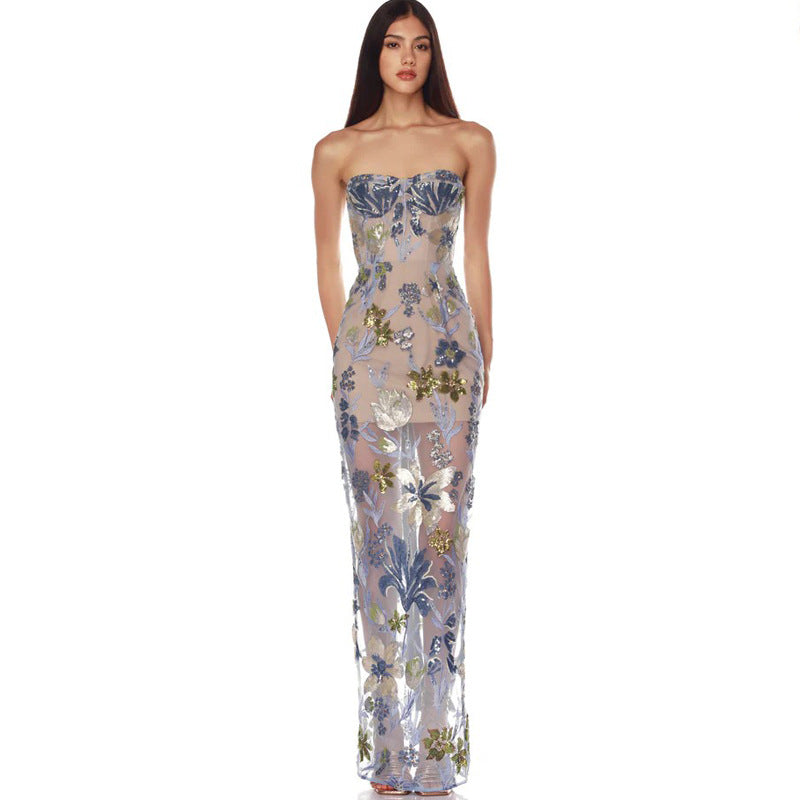Besticktes, trägerloses Maxikleid mit Blumenmuster – Bild 5 | LuxeStyle