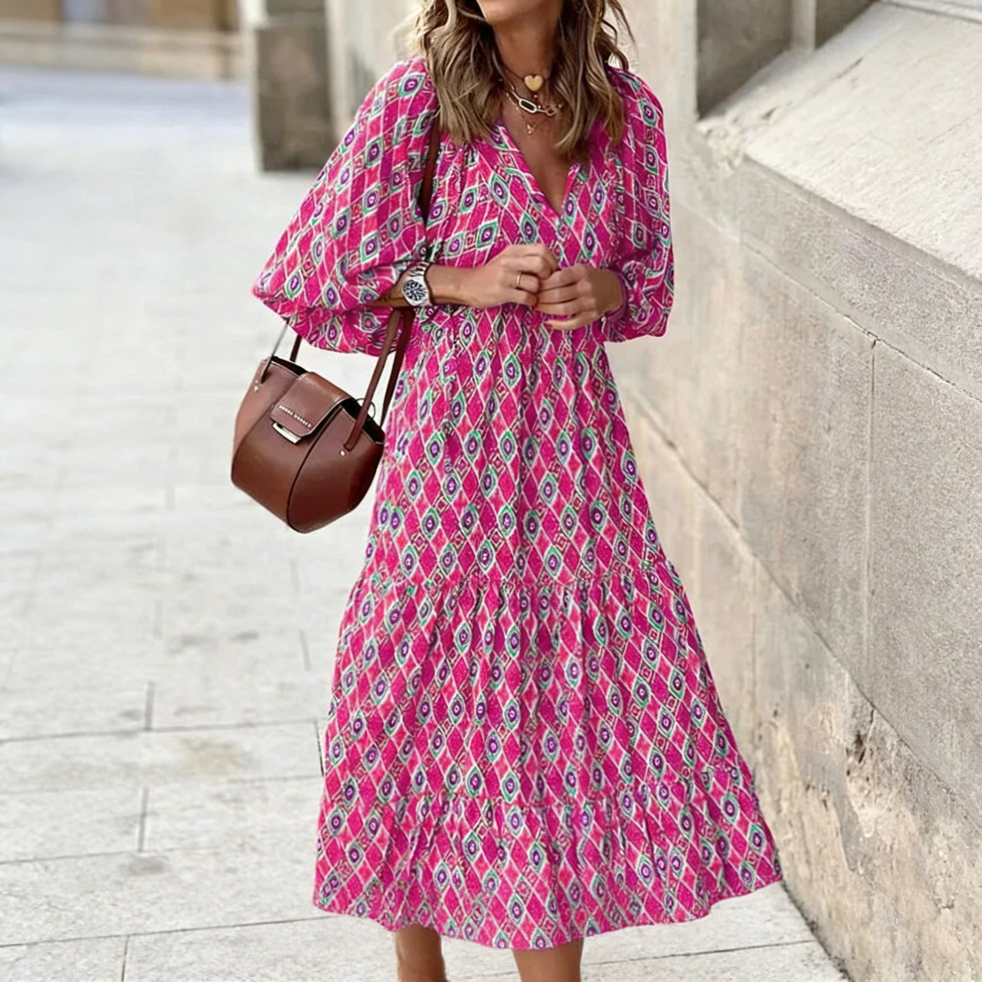 Langes Kleid mit Blumenmuster und Puffärmeln