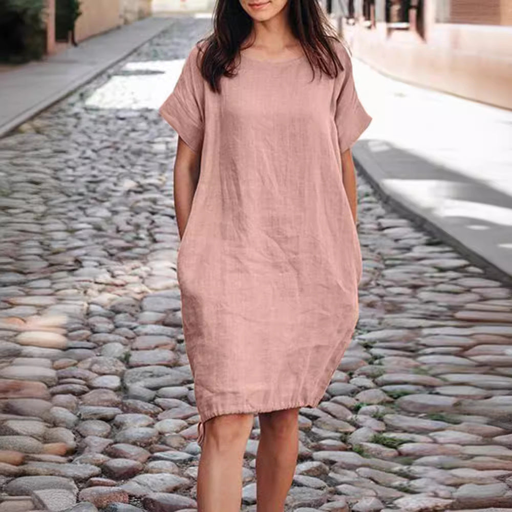 Loose-fit Baumwoll-Leinen Kleid mit kurzen Ärmeln – Bild 2 | LuxeStyle