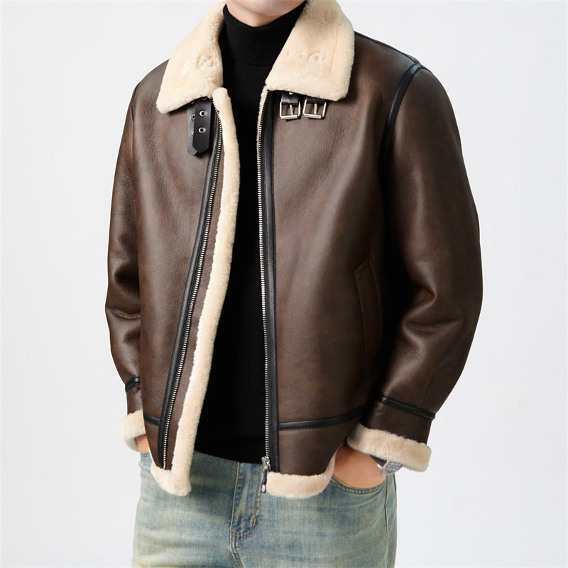 Kurze Shearling-Jacke für Herren mit Fellfutter – Ansicht 7