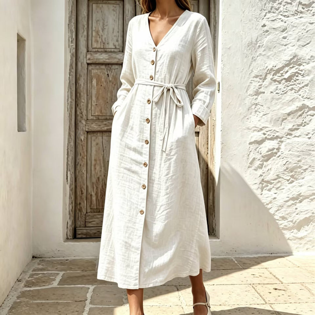 Baumwoll-Leinen V-Ausschnitt Kleid – Bild 9 | LuxeStyle