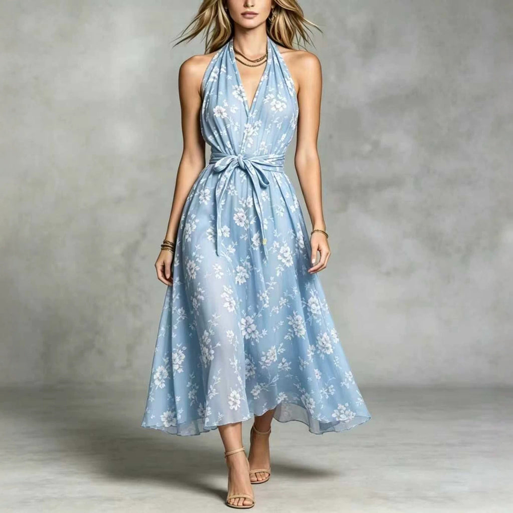 Damen V-Ausschnitt Maxikleid mit Blumenmuster & Schleife – Bild 5 | LuxeStyle