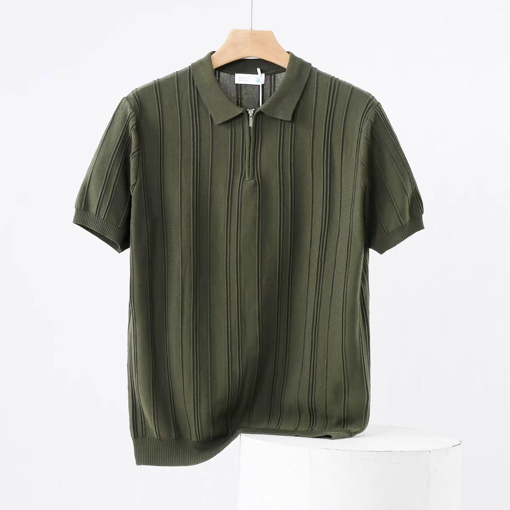 Gestreiftes Kurzarm-Polohemd mit Half-Zip
