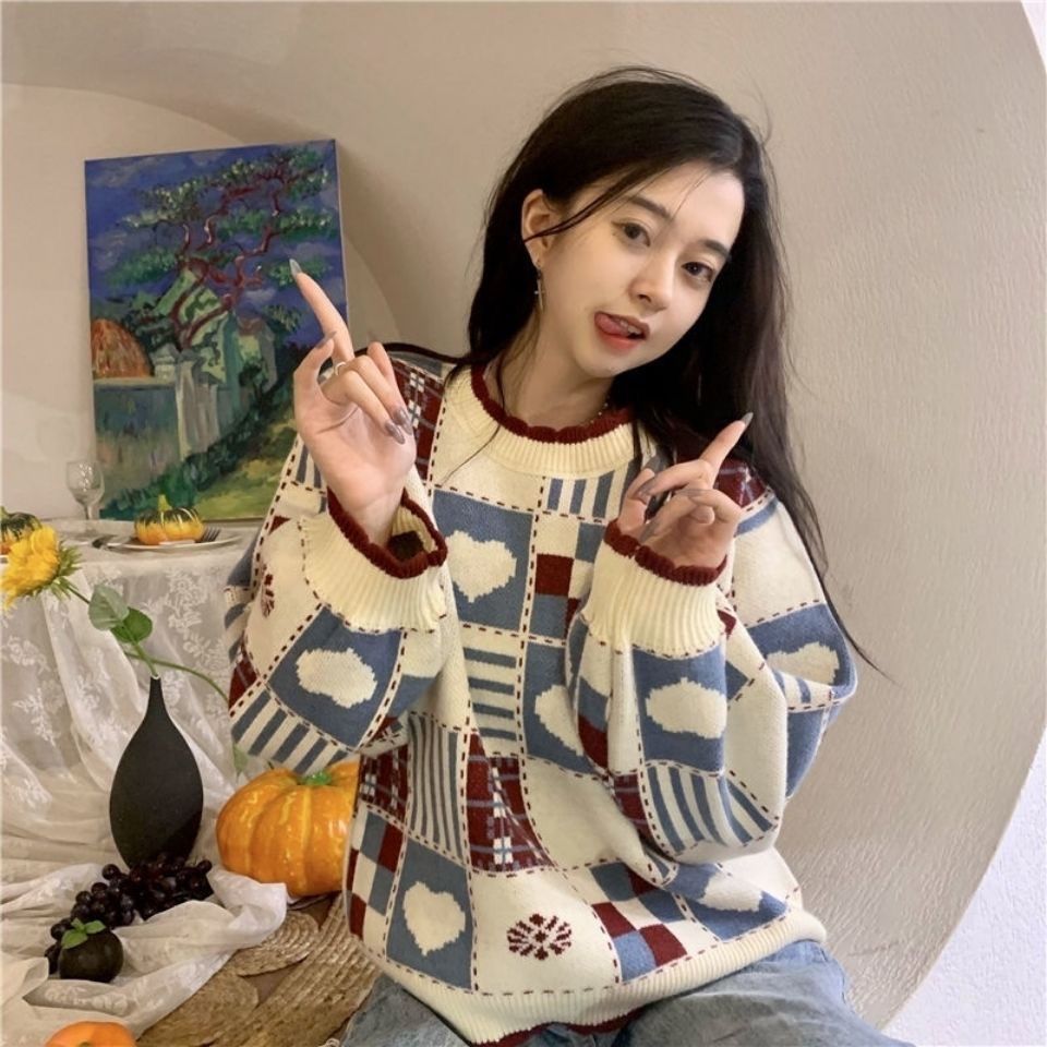 Japanischer Retro Color-Block Herz Pullover