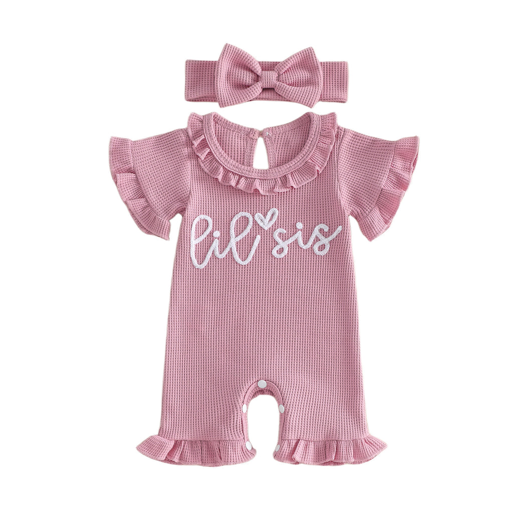 Khaki-Pink Kurzärmliger Romper mit Spitzenbündchen | LuxeStyle