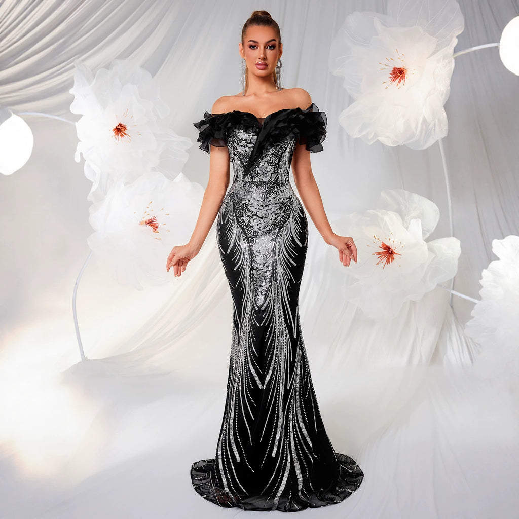 Elegantes Off-Shoulder Fishtail-Kleid mit Rüschen