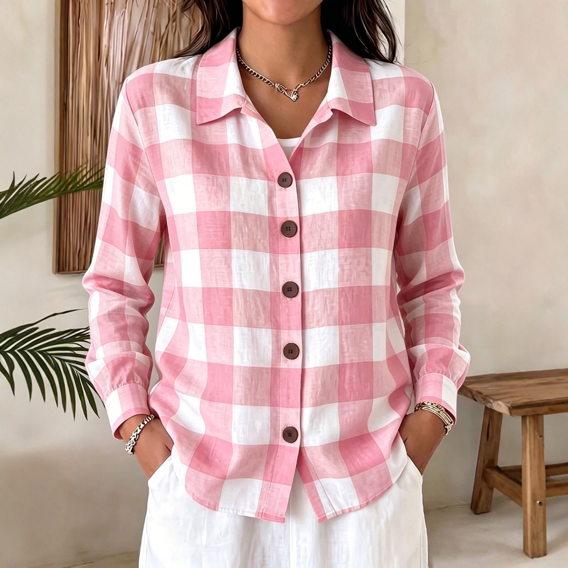 Bequeme Damen Langarm-Plaid-Shirt mit Knöpfen