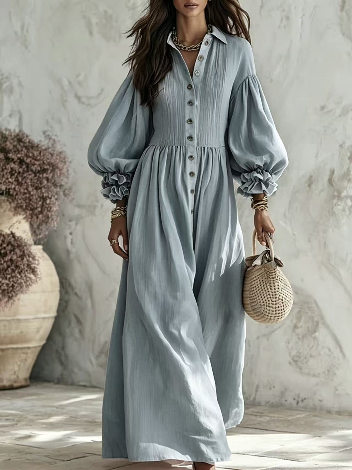 Weitenrock mit Puffärmel – langes Damenkleid – Bild 5 | LuxeStyle
