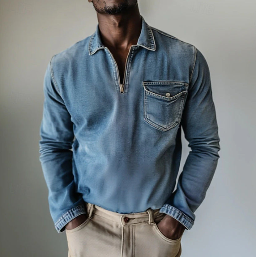Herren Denim Langarmshirt mit halbem Reissverschluss