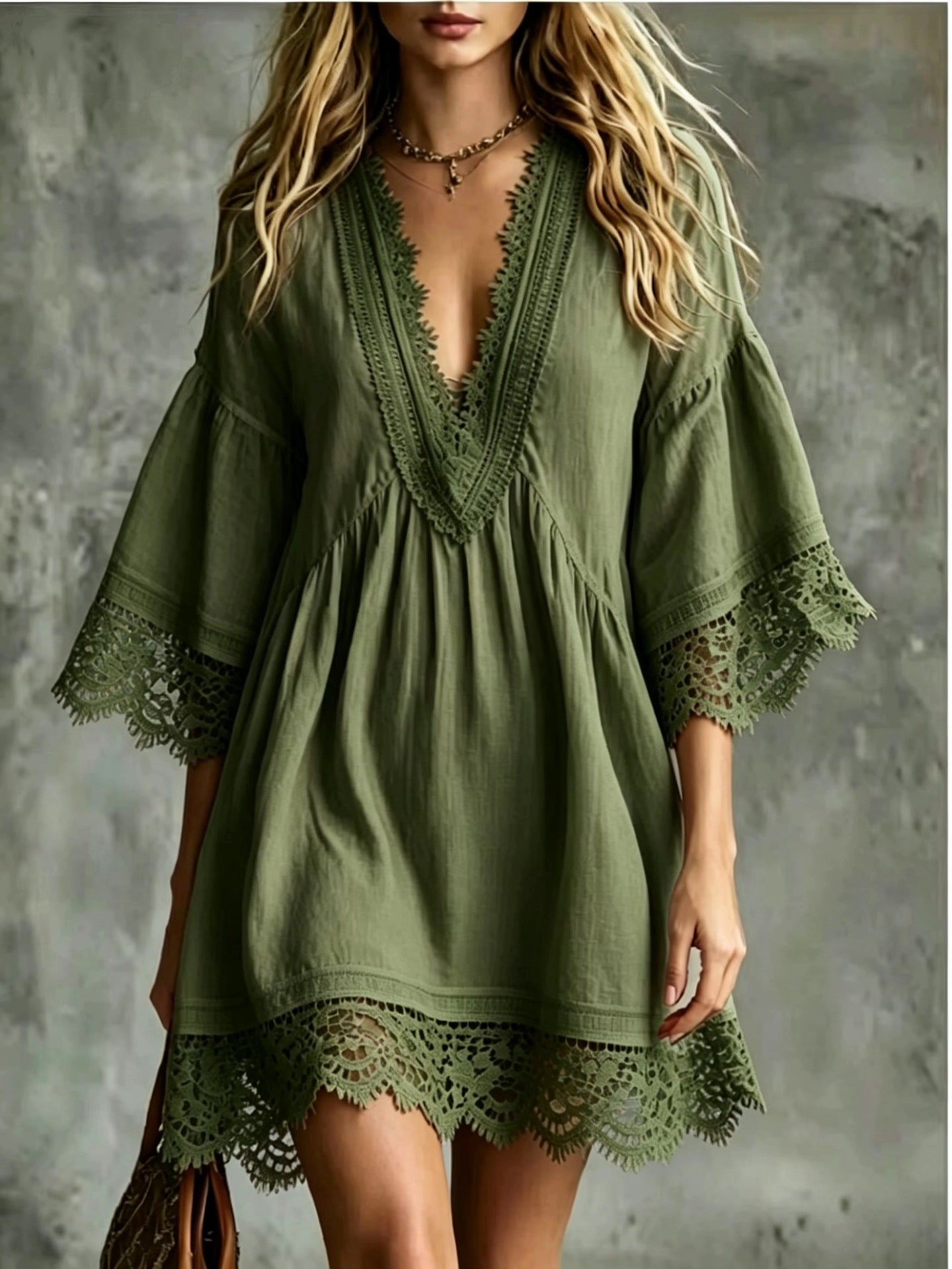 Elegantes Midi-Kleid mit V-Ausschnitt & Spitze