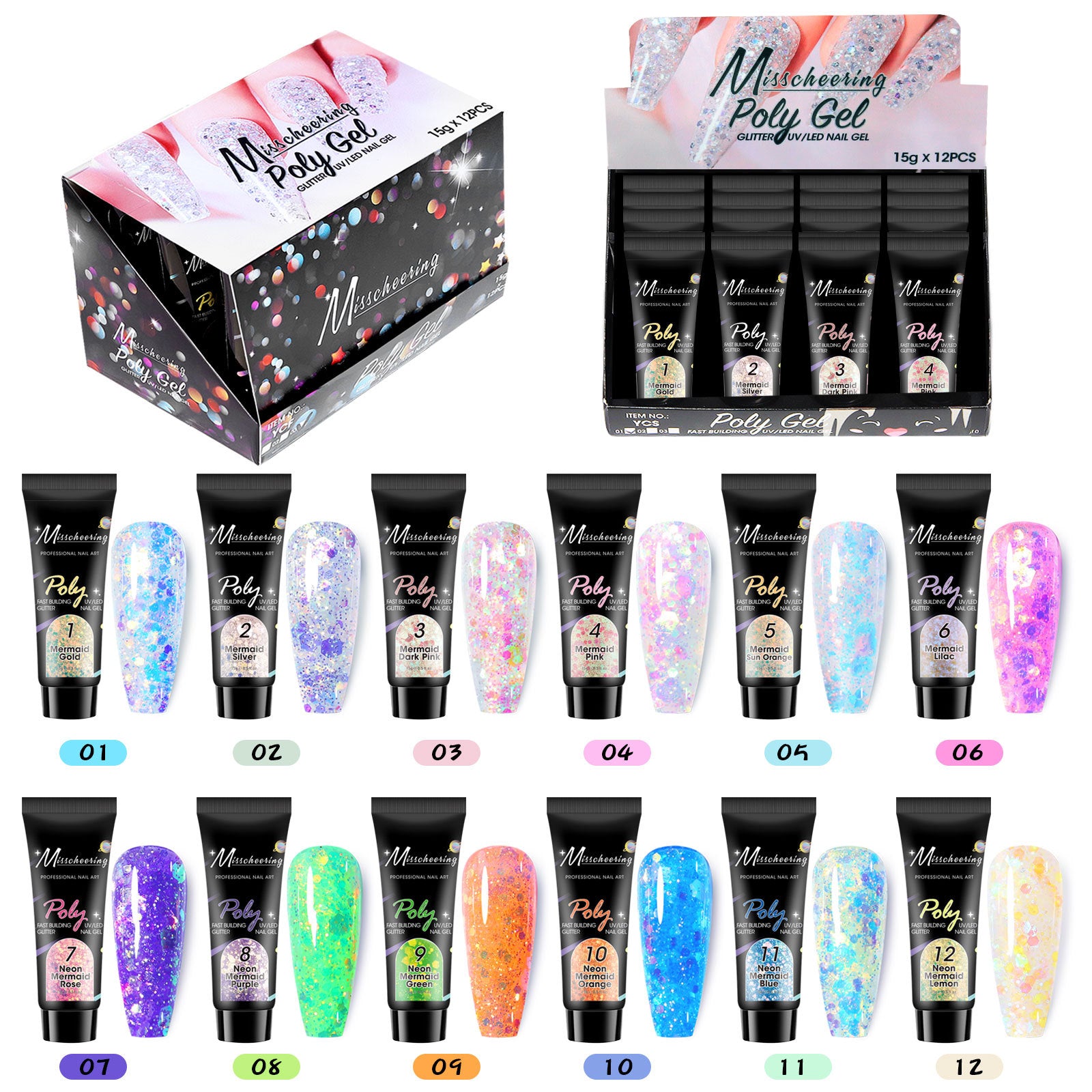 12 Farben Pailletten Nagelverlängerungs-Set
